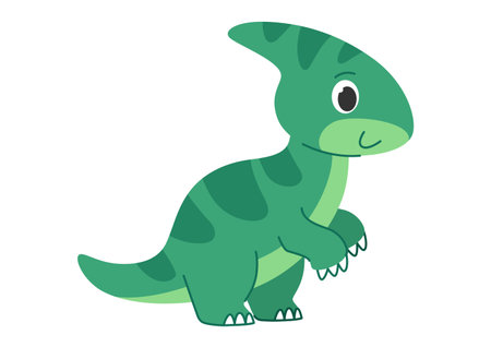 Childrens cartoon dinosaur parasaurolophus. Cute green striped dinosaur. Cute little prehistoric animal. Vector illustration on white background.のイラスト素材