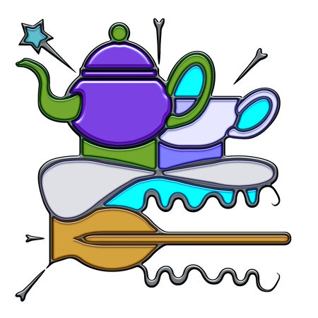Teapot, the word teapot shaped like pictographic complex composition. A teapot and a cup with knot on an oar with waves.のイラスト素材