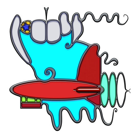 Hunting, the word hunting shaped like pictographic complex composition. A denture and a zeppelin with waves of air.のイラスト素材