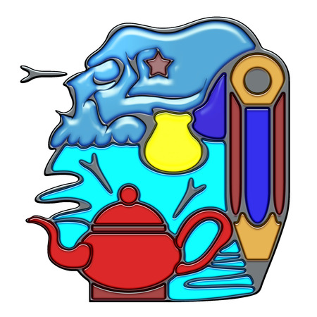 Metal, the word metal shaped like pictographic complex composition. Skull and light bulb on teapot and pencil.の写真素材