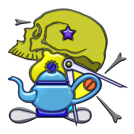 Mind, the word mind shaped like pictographic complex composition. Skull with light bulb and compass on teapot with knot.の写真素材