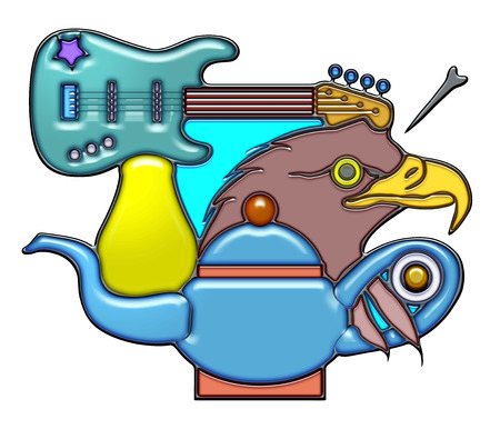 The word gesture shaped like pictographic complex composition. An electric guitar with light bulb on head of eagle and teapot.の写真素材