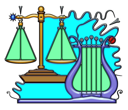 The word bullet shaped like pictographic complex composition. Balance with star and lyre with waves.の写真素材