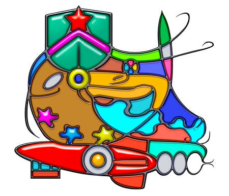 The word spark shaped like pictographic complex composition. A star and chevron shield with an eagle on With palette and zeppelin.の写真素材