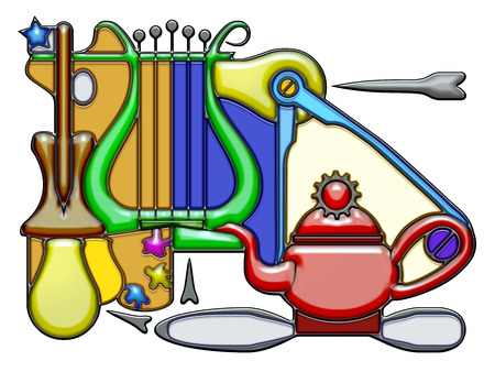 The word repellent shaped like pictographic complex composition. Oar, palette and lyre with light bulbs and compass on a teapot With knot.の写真素材