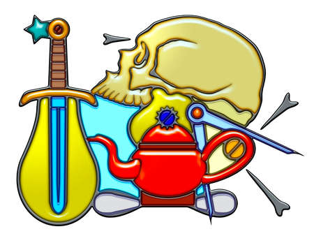 The word madman shaped like pictographic complex composition. Dagger and skull with light bulbs and compass on teapot With knot.の写真素材