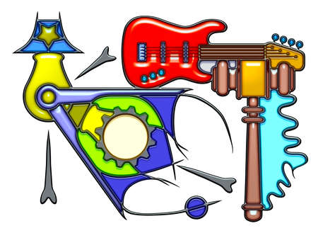 The word puzzle shaped like pictographic complex composition. Light bulbs and compass with guitar and mallet.の写真素材