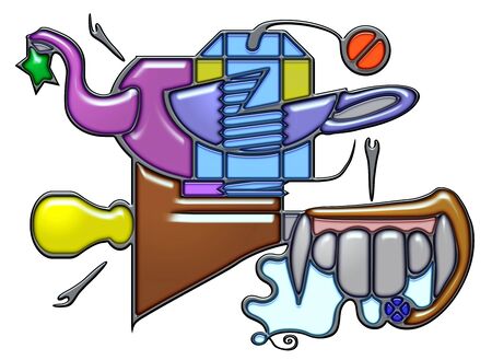 The word nut shaped like pictographic complex composition. Teapot and infusion cup with nut and bolt on an oar with light bulb and denture.の写真素材