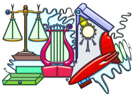 The word scale shaped like pictographic complex composition. Scales of justice and lyre with waves together with a compass and a zeppelin cogged network.の写真素材