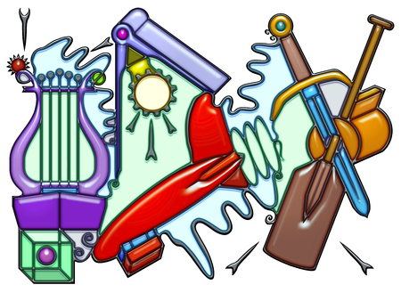 The word thrower shaped like pictographic complex composition. Lyre with waves and cogged compass over a network zeppelin with waves together with a dagger, an ovolo and an oar.の写真素材