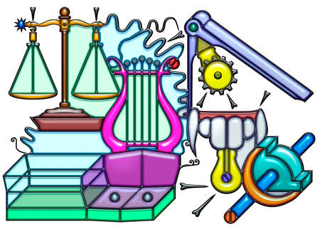 The word swinging shaped like pictographic complex composition. Balance and lyre with waves together with a compass with light bulb over denture and quarter round.の写真素材