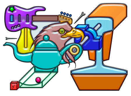 The word manager pictographic complex shaped like composition. An electric guitar with light bulb over a head of eagle and teapot Together with quarter round and rail.の写真素材