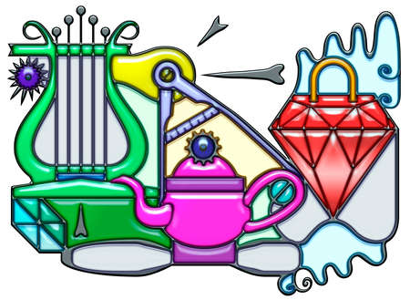 The word lentil shaped like pictographic complex composition. A green lyre with light bulb and compass over a teapot together with a red diamond with waves.の写真素材