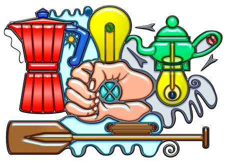 The word coffeepot shaped like pictographic complex composition. Red coffeepot, fist and teapot with light bulbs over an oar with waves.の写真素材