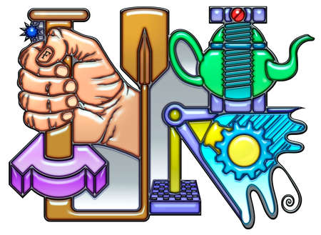 The word fortune shaped like complex pictograph. A fist with quarter round and oar together with a teapot and bolts over compass.の写真素材