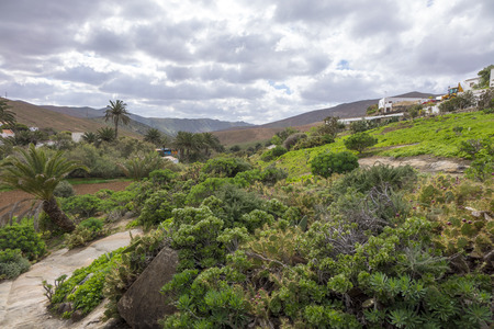 view of mountains under a grey sky in Betancuria Fuerteventura Canary islands Las palmas Spainの写真素材