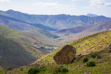 View of mountains  and a village  in Fuerteventura Canary islands Las palmas Spainの写真素材