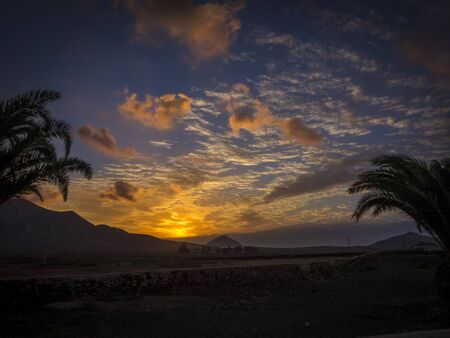 Sunset with colourful sky, colorful sky in  La Oliva, Fuerteventura, Canary- Islands Spainの写真素材