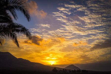 Sunset with colourful sky, colorful sky in  La Oliva, Fuerteventura, Canary- Islands Spainの写真素材