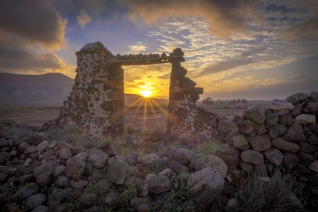 Sunset with colourful sky, colorful sky in  La Oliva, Fuerteventura, Canary- Islands Spainの写真素材