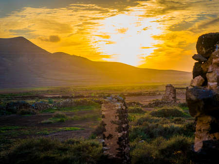 Sunset with colourful sky, colorful sky in  La Oliva, Fuerteventura, Canary- Islands Spainの写真素材