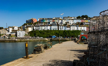 Beautiful Brixham harbour landscape in the middle of a hot bright summer in early afternoonのeditorial素材