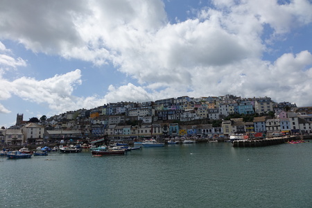 Beautiful Brixham landscape with the town in the background in the middle of a hot bright summer in early afternoonのeditorial素材