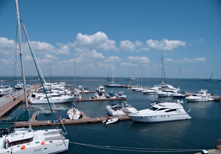 ODESSA, UKRAINE - JULY 10,2011: yachts on an anchor in harborのeditorial素材