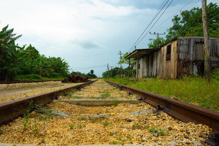 Photograph of some old train tracks, signs of decadence and forgetfulness of the Cuban railway industry. Photography taken in Chambas, Ciego de Avila, Cuba.の写真素材