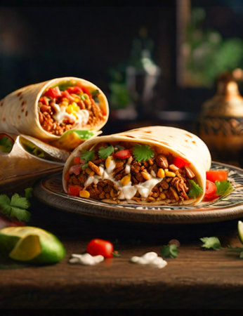 Illustration of a plate of burritos, prepared in the typical style of Mexican cuisine.の素材