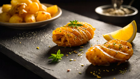 Illustration of a magnificent dish of wrinkled potatoes with mojo picon, prepared in the typical style of Spanish cuisine.の素材