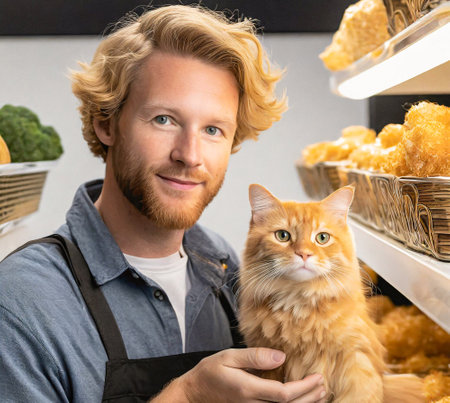 Illustration of a boy with his cat buying food in a supermarket.の素材