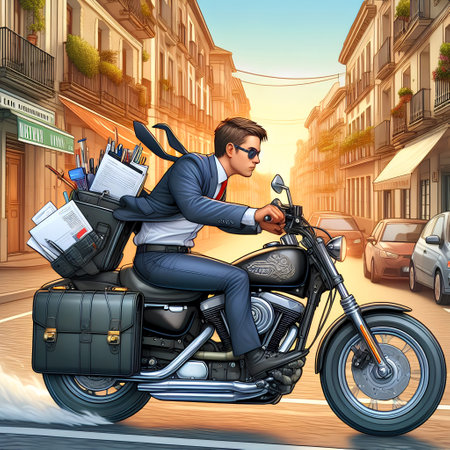 Image of a boy on a classic motorcycle driving at high speed, dressed as a businessman.の素材