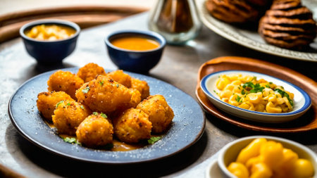 Illustration of a plate of wrinkled potatoes with mojo picon, exquisitely presented, prepared in the typical style of Canarian cuisine.の素材