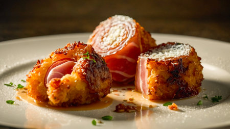 Illustration of three ham croquettes, exquisitely presented, prepared in the typical style of Spanish cuisine.の素材