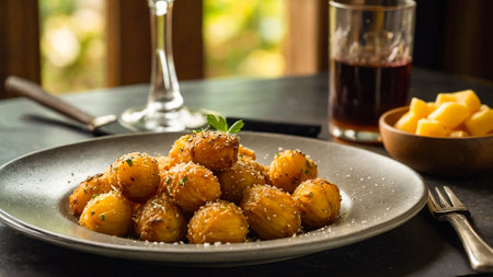 Illustration of a dish of wrinkled potatoes with mojo picon, prepared in the typical style of Spanish cuisine, a traditional recipe from the Canary Islands.の素材