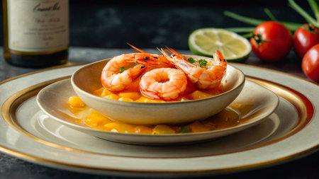 Illustration of a garlic prawn dish, prepared in the typical style of Spanish cuisine, with a delicate presentation.の素材