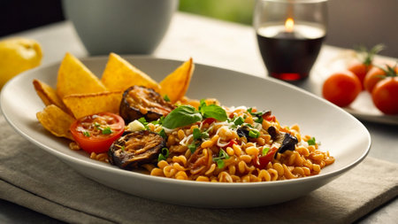 Illustration of a dish of migas, prepared in the typical style of Spanish cuisine, with a magnificent plating.の素材