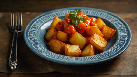 Illustration of a dish of patatas bravas, prepared in the typical style of Spanish cuisine.の素材