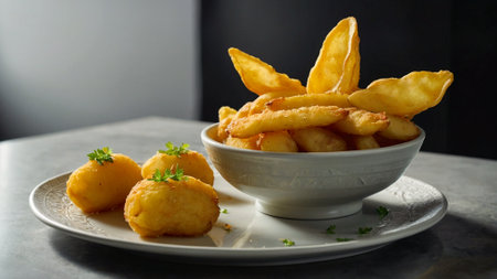 Illustration of a fish dish with potatoes and lime, prepared in the typical style of traditional Spanish cuisine, presented with delicacy.の素材