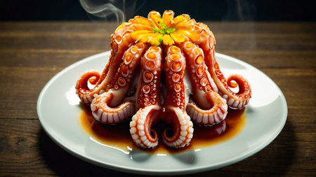Illustration of a magnificent dish of Galician octopus, prepared in the typical style of Spanish cuisine, with a delicate presentation.の素材