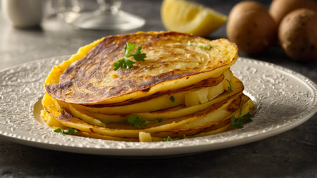 Illustration of a dish of potato omelette, prepared in the typical style of Spanish cuisine, presented with delicacy.の素材