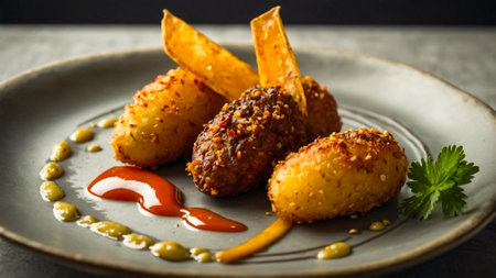 Illustration of a dish of wrinkled potatoes with mojo picon, prepared in the typical style of Spanish cuisine, traditional recipe.の素材