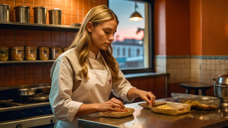 Illustration of a beautiful blonde girl working in the kitchen of an elegant restaurant.の素材