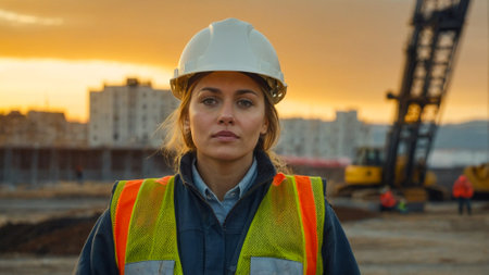 Illustration of a beautiful girl working in construction, with her helmet and her reflective vest, in the background a crane.の素材