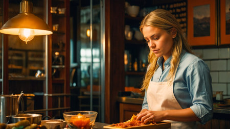 Illustration of a girl working in the kitchen of an elegant restaurant.の素材