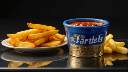 Illustration of crispy fried potatoes with sauce, prepared in the typical style of American cuisine, presented with delicacy.の素材