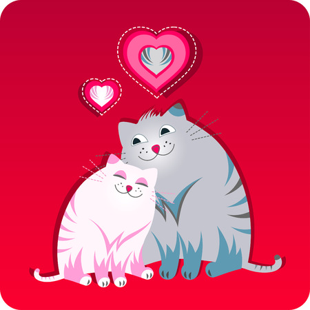 Funny greeting card with two cats sitting together with the little hearts. Red color.のイラスト素材