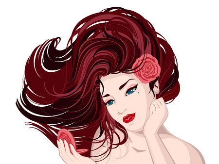 Vector illustration of a young woman with a red rose flower in her beautiful brown hair look into the mirror holding in her handのイラスト素材