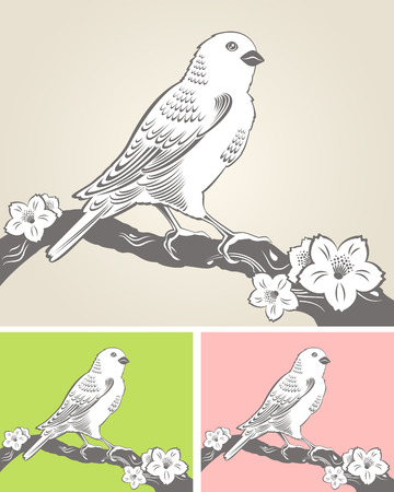 Elegant spring background with a hand drawn bird on a blooming tree branchのイラスト素材